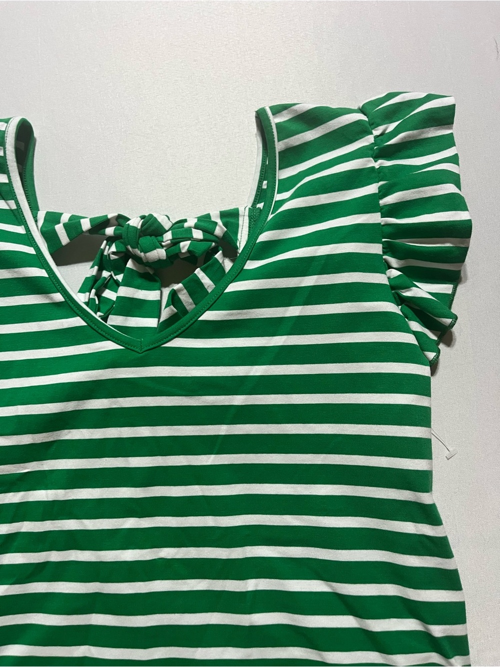Striped Green and White Ruffle Sleeve Women's Medium Bow Tie Back Top